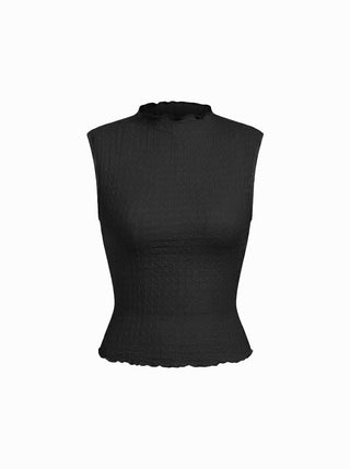 Textured High Neck Lettuce Trim Ruffled Crop Top