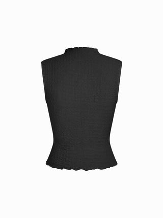 Textured High Neck Lettuce Trim Ruffled Crop Top