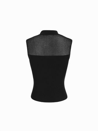 Knit Stand Collar Textured Bowknot Cut Out Vest