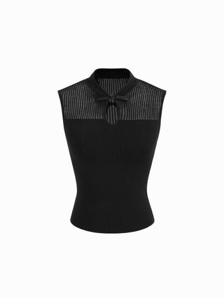 Knit Stand Collar Textured Bowknot Cut Out Vest