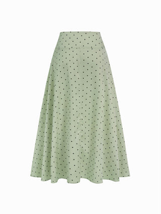Satin Mid Rise Polka Dot Flared Maxi Skirt