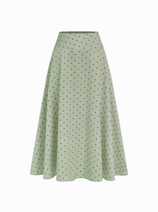 Satin Mid Rise Polka Dot Flared Maxi Skirt