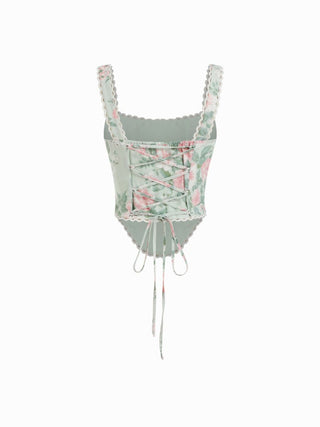 Linen-blend Floral Square Neck Lace Trim Corset Tank Top