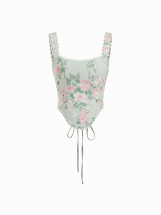 Linen-blend Floral Square Neck Lace Trim Corset Tank Top