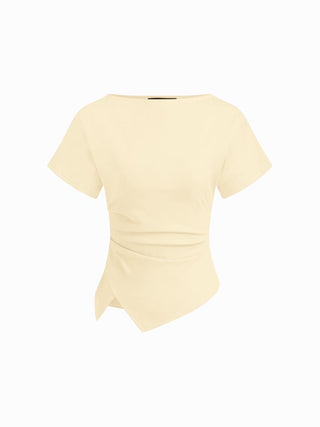 Cotton-blend Boat Neck Ruched Asymmetrical Hem Tee
