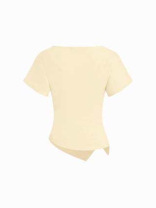 Cotton-blend Boat Neck Ruched Asymmetrical Hem Tee