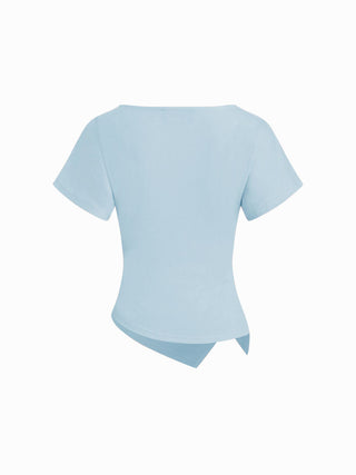 Cotton-blend Boat Neck Ruched Asymmetrical Hem Tee