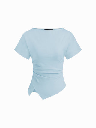 Cotton-blend Boat Neck Ruched Asymmetrical Hem Tee