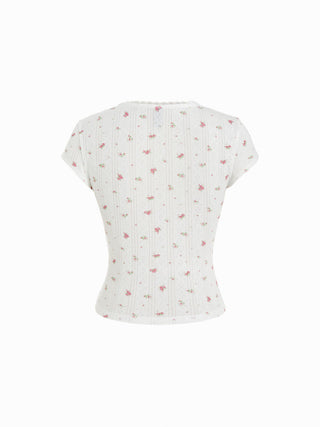 Floral Pointelle Lace Trim Short Sleeve Tee