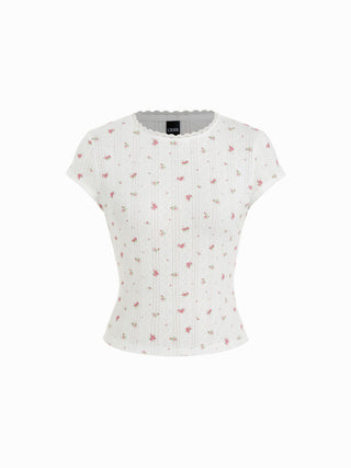Floral Pointelle Lace Trim Short Sleeve Tee
