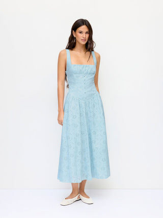 Cotton Broderie Anglaise Sculptural Square Neck Cut Out Flared Maxi Dress