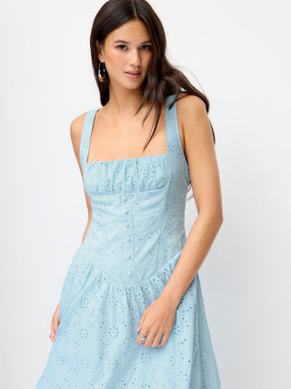 Cotton Broderie Anglaise Sculptural Square Neck Cut Out Flared Maxi Dress
