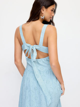 Cotton Broderie Anglaise Sculptural Square Neck Cut Out Flared Maxi Dress