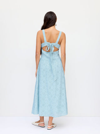 Cotton Broderie Anglaise Sculptural Square Neck Cut Out Flared Maxi Dress