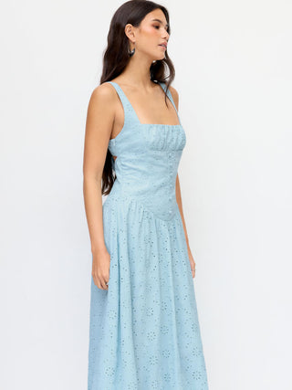 Cotton Broderie Anglaise Sculptural Square Neck Cut Out Flared Maxi Dress