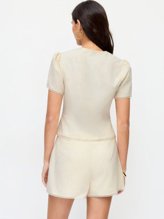 Linen-blend Orange Graphic V-neck Leg-of-mutton Sleeve Embroidered Blouse