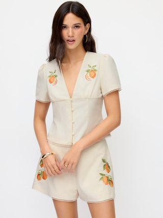 Linen-blend Orange Graphic V-neck Leg-of-mutton Sleeve Embroidered Blouse