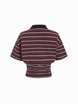 Cotton-blend Striped Polo Neck Short Sleeve Ruched Tee