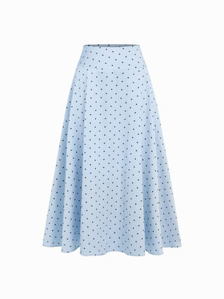 Satin Mid Rise Polka Dot Flared Maxi Skirt