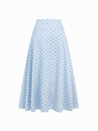 Satin Mid Rise Polka Dot Flared Maxi Skirt