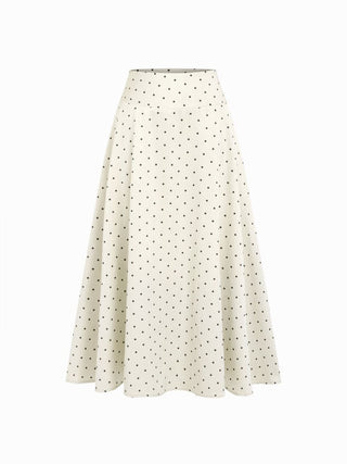 Satin Mid Rise Polka Dot Flared Maxi Skirt