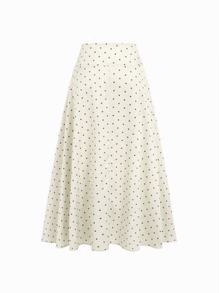 Satin Mid Rise Polka Dot Flared Maxi Skirt