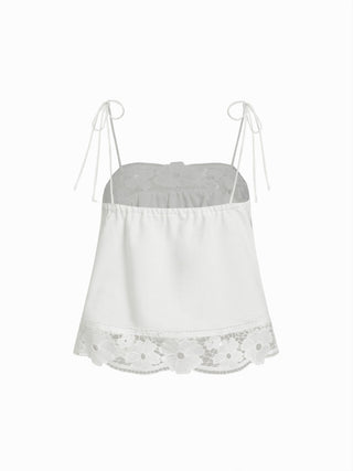 Linen-blend Square Neck Guipure Floral Tie-Shoulder Cami Blouse
