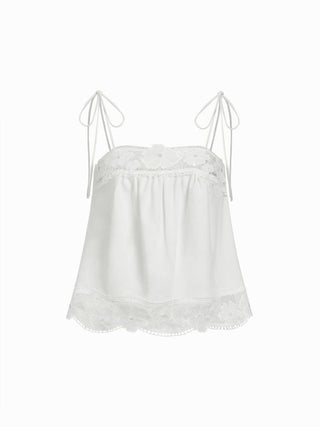 Linen-blend Square Neck Guipure Floral Tie-Shoulder Cami Blouse