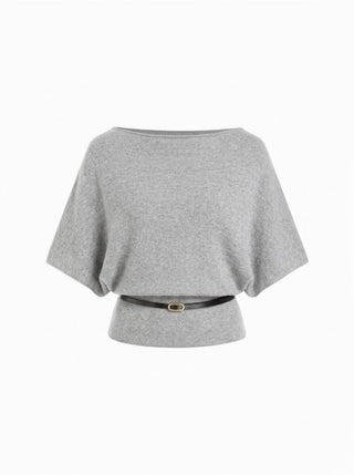 Knit Boat Neck Batwing Sleeve Top With Belt