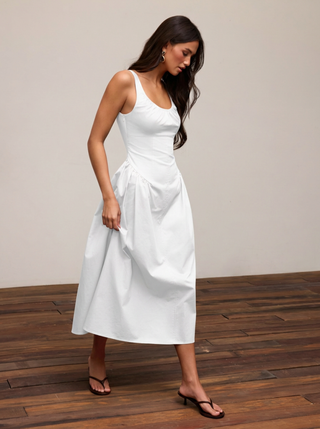 Cotton Scoop Neckline A-line Midi Dress