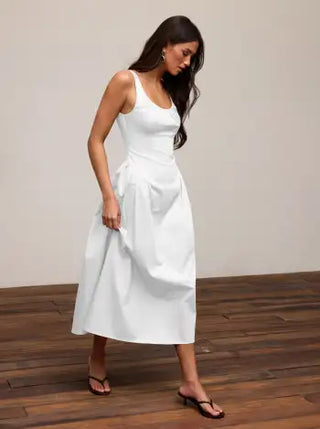 Cotton Scoop Neckline A-line Midi Dress