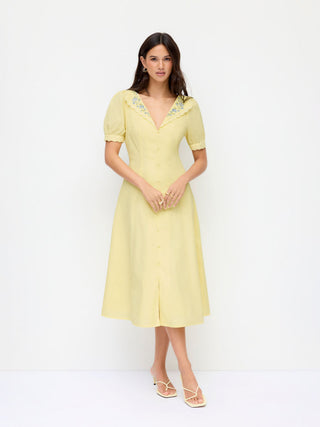 Cotton-blend Floral Graphic V-neck Lantern Sleeve Embroidery Midi Shirt Dress