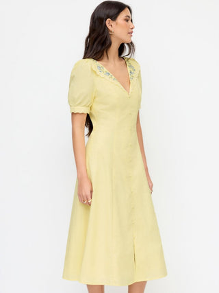 Cotton-blend Floral Graphic V-neck Lantern Sleeve Embroidery Midi Shirt Dress