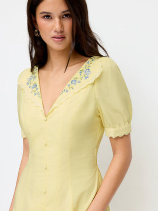 Cotton-blend Floral Graphic V-neck Lantern Sleeve Embroidery Midi Shirt Dress