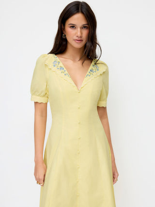 Cotton-blend Floral Graphic V-neck Lantern Sleeve Embroidery Midi Shirt Dress