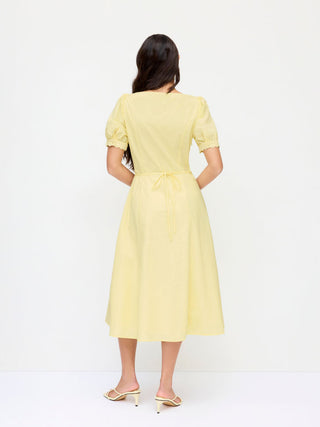 Cotton-blend Floral Graphic V-neck Lantern Sleeve Embroidery Midi Shirt Dress
