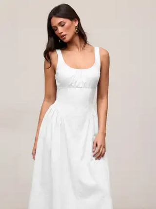 Cotton Scoop Neckline A-line Midi Dress