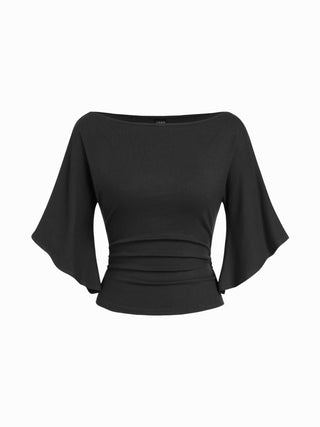 Boat Neck Mid-length Bell Sleeve Ruched Tee
