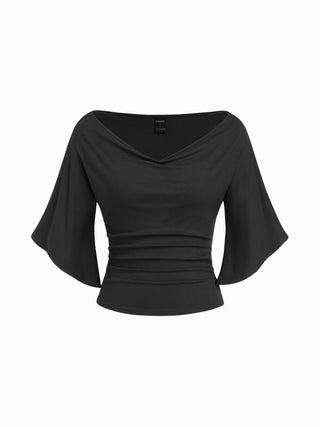 Boat Neck Mid-length Bell Sleeve Ruched Tee