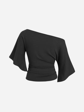 Boat Neck Mid-length Bell Sleeve Ruched Tee
