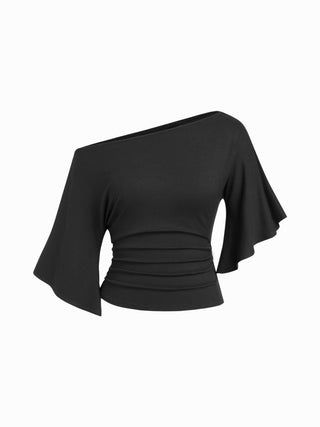 Boat Neck Mid-length Bell Sleeve Ruched Tee