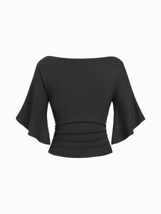 Boat Neck Mid-length Bell Sleeve Ruched Tee