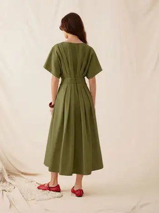 Linen-blend V-neck Pleated Knotted A-line Maxi Dress