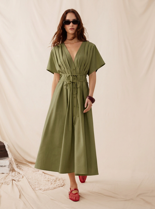 Linen-blend V-neck Pleated Knotted A-line Maxi Dress