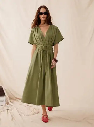 Linen-blend V-neck Pleated Knotted A-line Maxi Dress