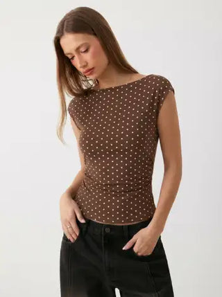 Boat Neck Solid Ruched Short Sleeve Top