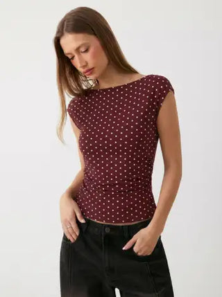 Boat Neck Solid Ruched Short Sleeve Top