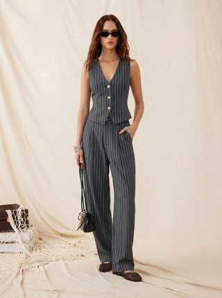 Linen-blend V-neck Striped Sleeveless Top & Mid Rise Tapered Trousers Set