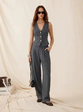 Linen-blend V-neck Striped Sleeveless Top & Mid Rise Tapered Trousers Set