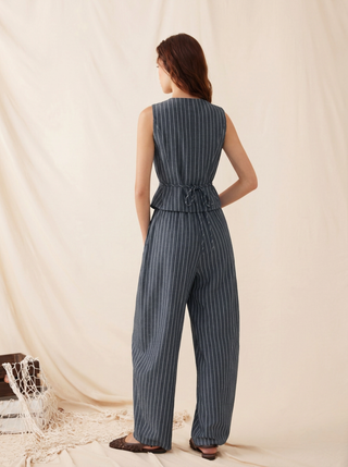 Linen-blend V-neck Striped Sleeveless Top & Mid Rise Tapered Trousers Set